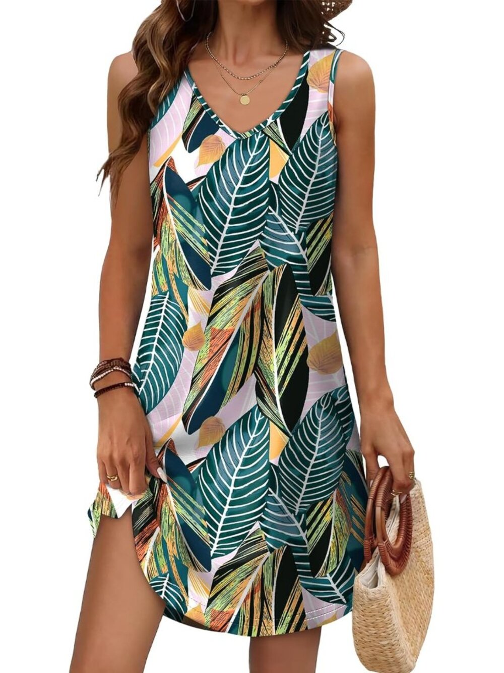 Women's Summer Dress Frond V Neck Sleeveless Dress Sundresses Swimsuit Coverup